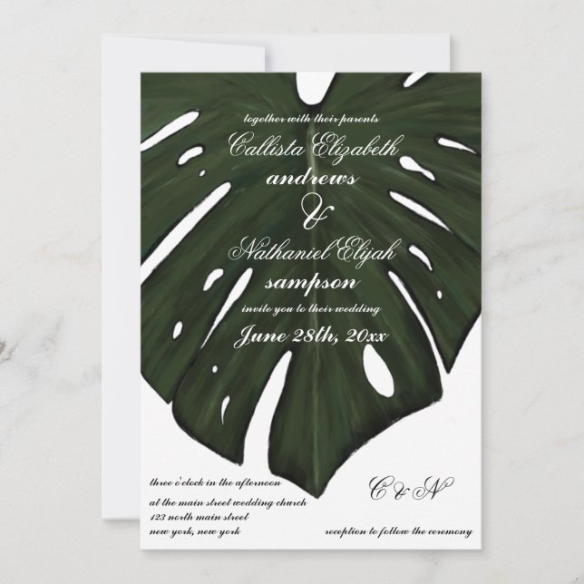 Convites Casamento de Folha de Monstera Verde Tropical Mode (Frente)