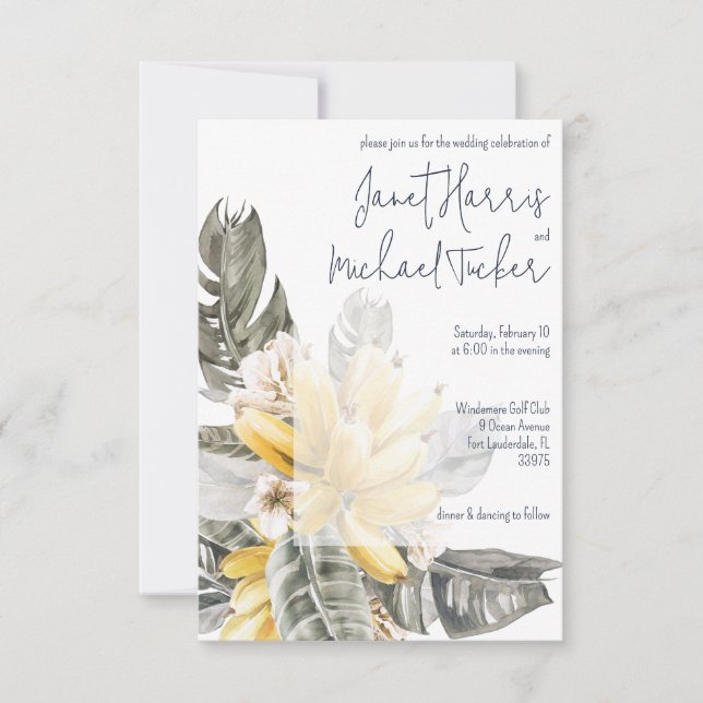 Convites Casamento de Folha Verde Tropical e Amarela (Frente)