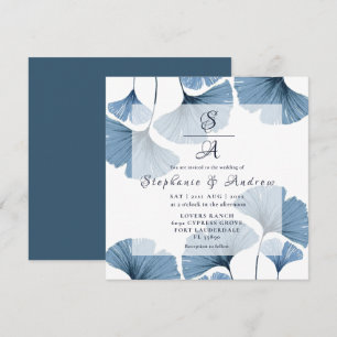 Convites Casamento de Folhagem Azul e Branco Moderno