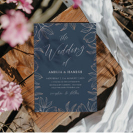 Convites Casamento de Folhagem Azul e Rosa de Ouro Elegante