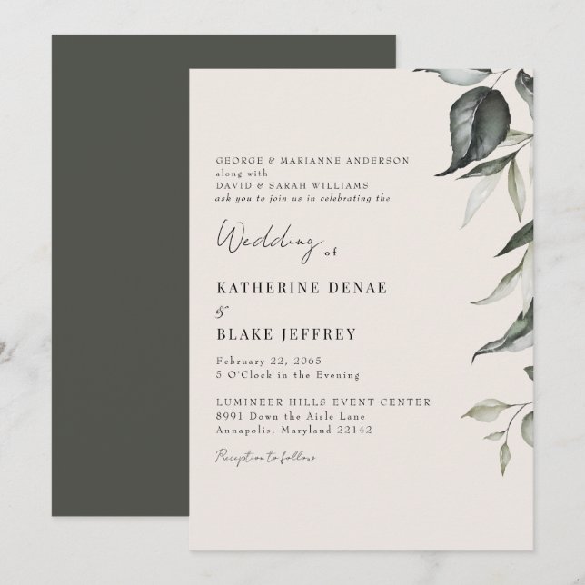 Convites Casamento de Folhagem Botânica de Champanhe (Frente/Verso)