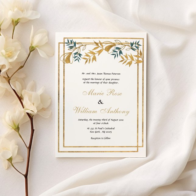 Convites Casamento de folhagem ciana cinzenta de ouro branc (Geometric white gold grayish cyan foliage Wedding )