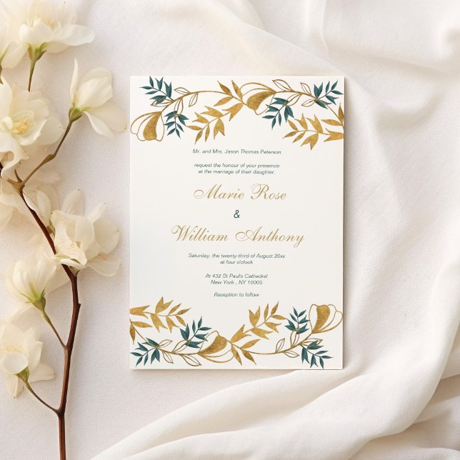 Convites Casamento de folhagem ciana cinzenta de ouro branc (Elegant white gold grayish cyan foliage Wedding )