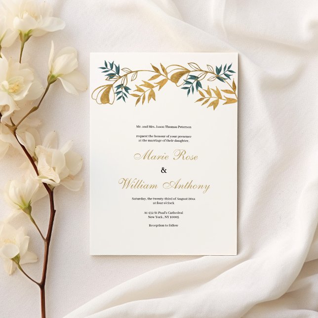 Convites Casamento de folhagem ciana de ouro branco-luxo (Luxury white gold grayish cyan foliage Wedding)