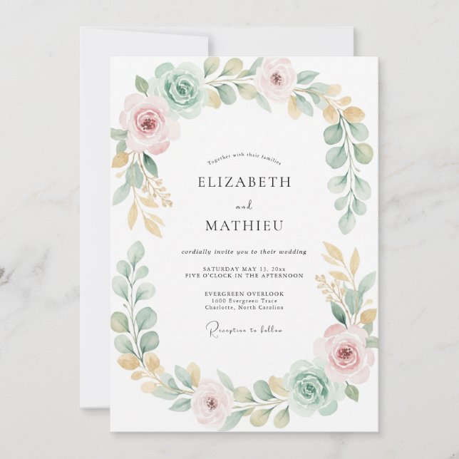 Convites Casamento de Folhagem Cinza Eucalipto Dourado Hort (Frente)