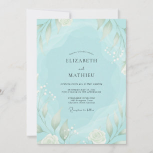 Convites Casamento de Folhagem com Aquarela Aqua