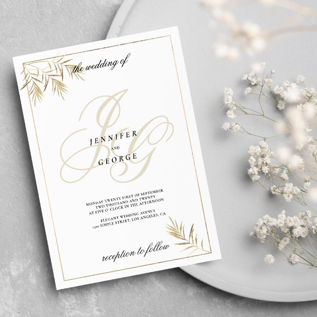 Convites Casamento de folhagem com monograma branco (White gold monogram initials foliage Wedding )