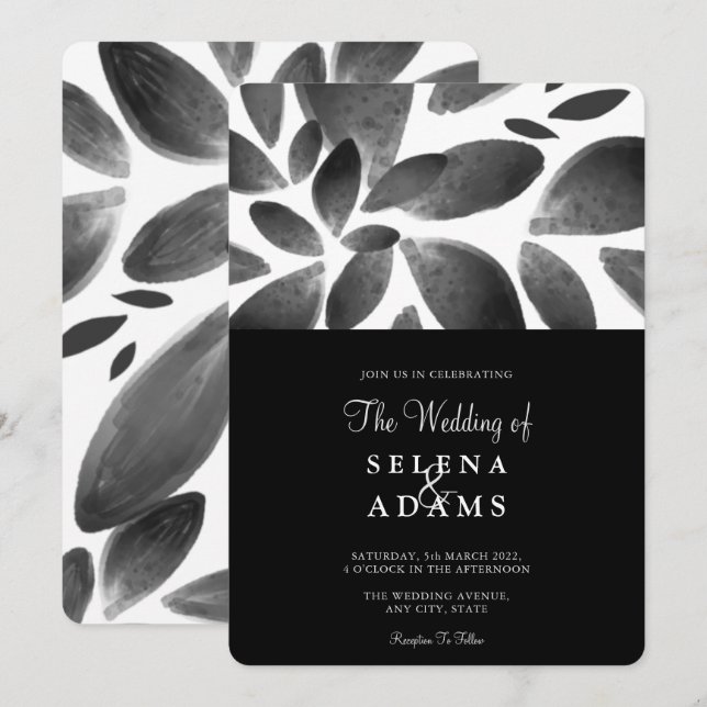 Convites Casamento de Folhagem de Cor Branca a Negra Elegan (Frente/Verso)