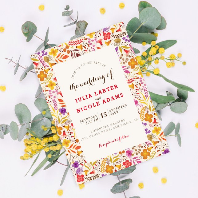 Convites Casamento de Folhagem de Flor Selvagem Roxo Orange (Criador carregado)