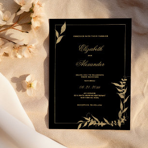 Convites Casamento de folhagem de luxo, preto e dourado
