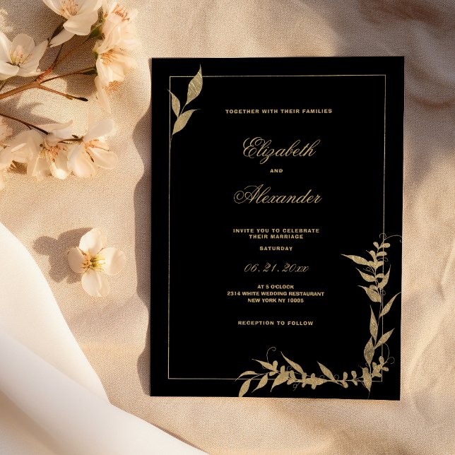 Convites Casamento de folhagem de luxo, preto e dourado (Luxury black and gold foliage Wedding)