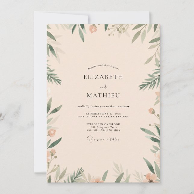 Convites Casamento de Folhagem de Oliva Creme Eucalipto (Frente)