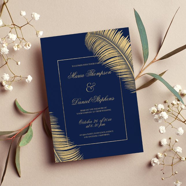 Convites Casamento de folhagem de ouro azul-marinho elegant (Tropical elegant navy blue gold foliage wedding)
