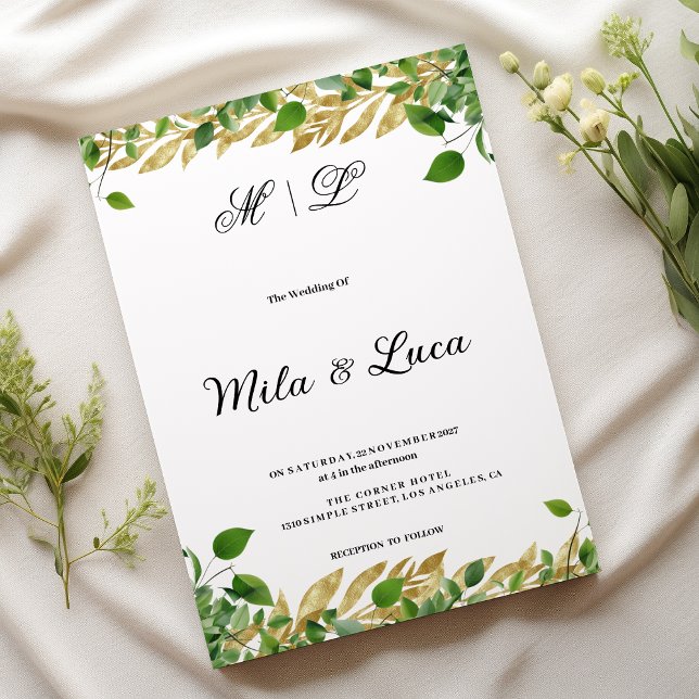 Convites Casamento de folhagem de ouro em verde-botânico (Botanical greenery gold foliage Wedding )