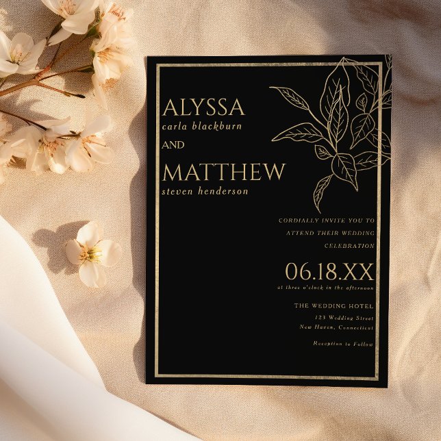 Convites Casamento de folhagem de ouro simples e preto de l (Luxury simple and black gold foliage wedding )