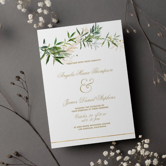 Convites Casamento de folhagem de ouro verde-clássico (Classy white green gold glitter foliage wedding )