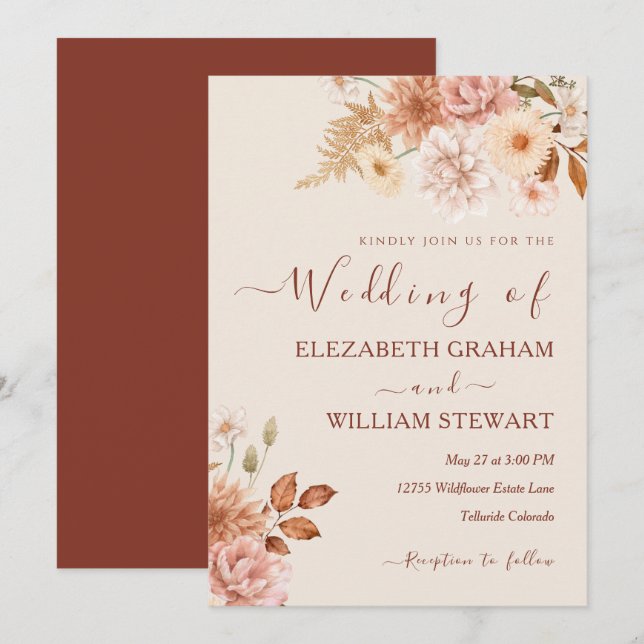 Convites Casamento de Folhagem de Terracotta Boho Fall Rust (Frente/Verso)