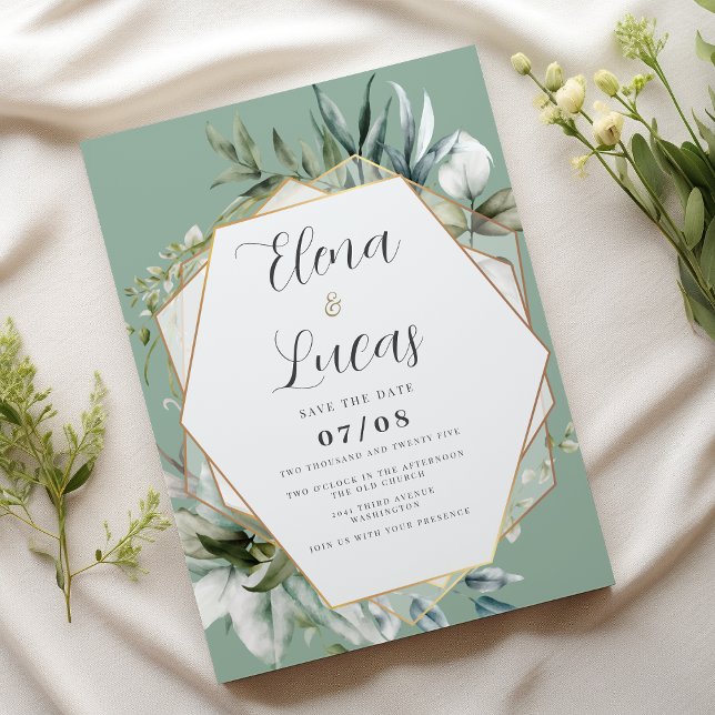 Convites Casamento de folhagem dourada com aquarela geométr (Geometric watercolor mint gold foliage wedding)