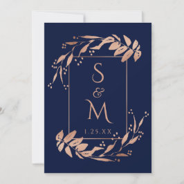 Convites Casamento de Folhagem Dourada de Rosa Azul Elegant