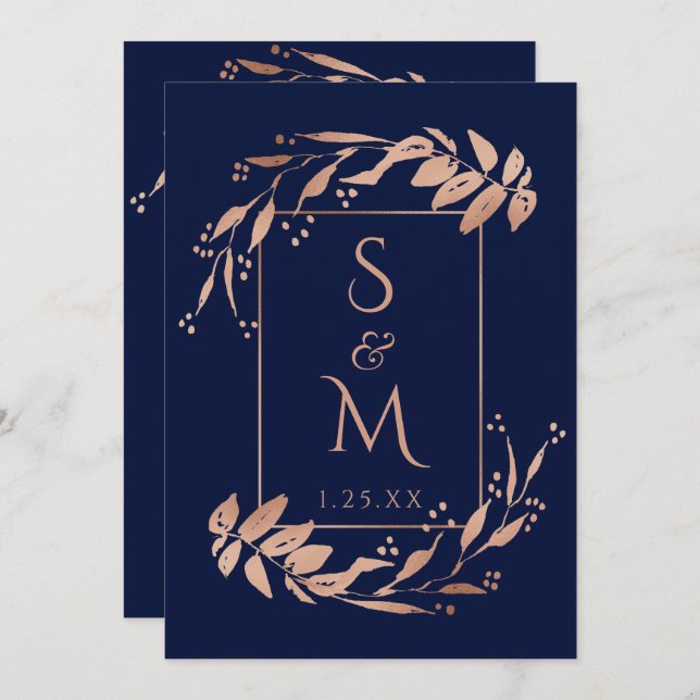 Convites Casamento de Folhagem Dourada de Rosa Azul Elegant (Frente/Verso)