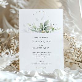 Convites Casamento de Folhagem Dourada e Verde Por Aquarela