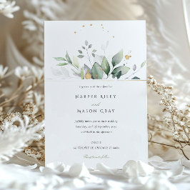 Convites Casamento de Folhagem Dourada e Verde Por Aquarela
