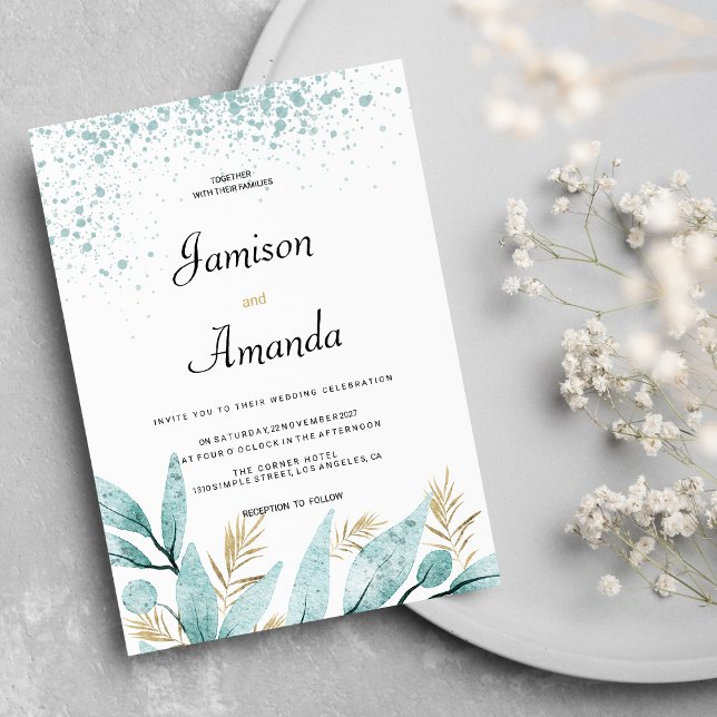 Convites Casamento de folhagem dourada verde-mint (Mint green gold watercolor foliage Wedding )