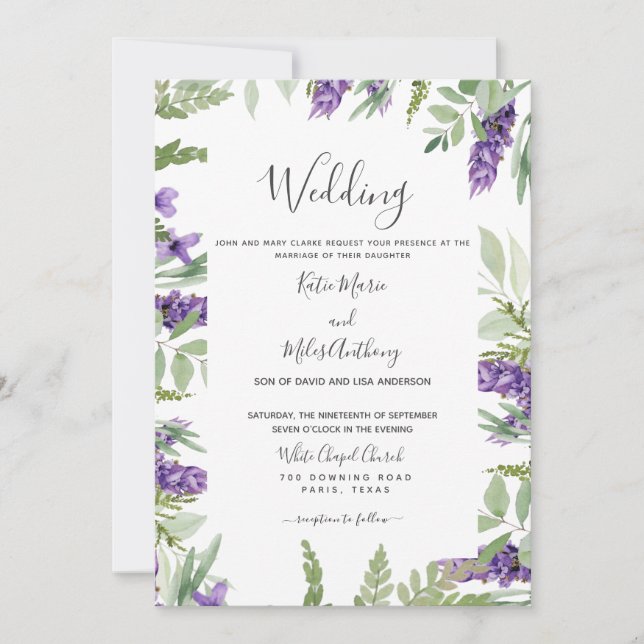 Convites Casamento de Folhagem e Lavanda Elegante (Frente)