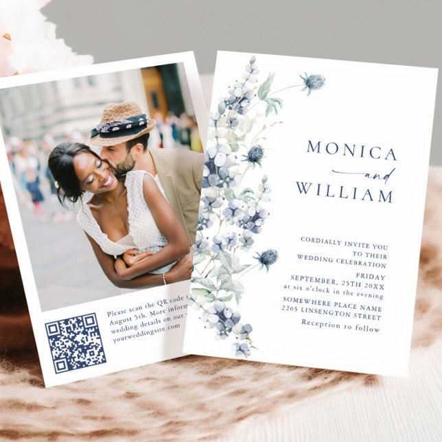 Convites Casamento de Folhagem Elegante Dusty Blue Boho Win (Criador carregado)