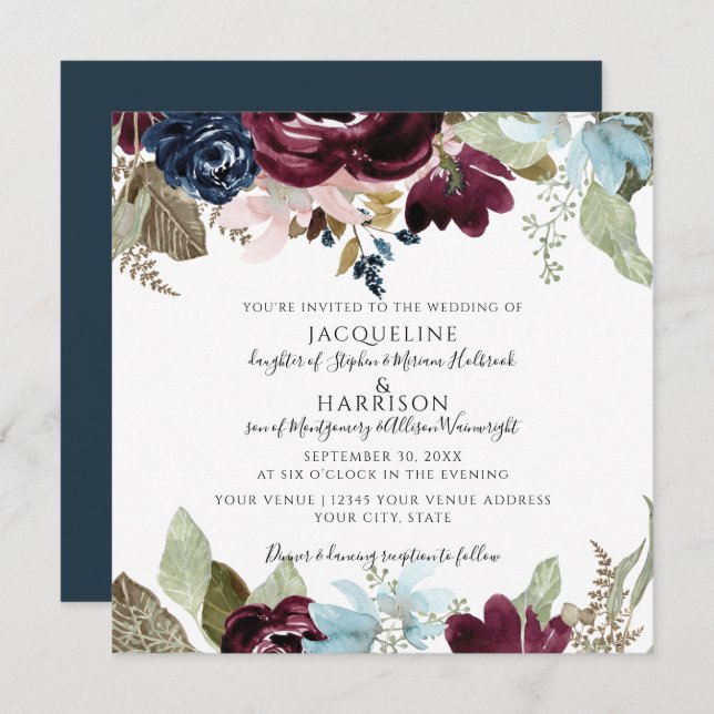 Convites Casamento de Folhagem Elegante Floral de Blush Mar (Frente/Verso)