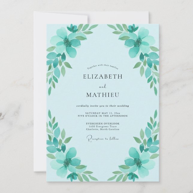 Convites Casamento de Folhagem Eucalipto Aqua (Frente)