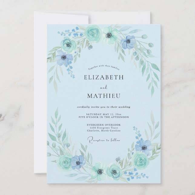 Convites Casamento de Folhagem Eucalipto Aqua Azul (Frente)