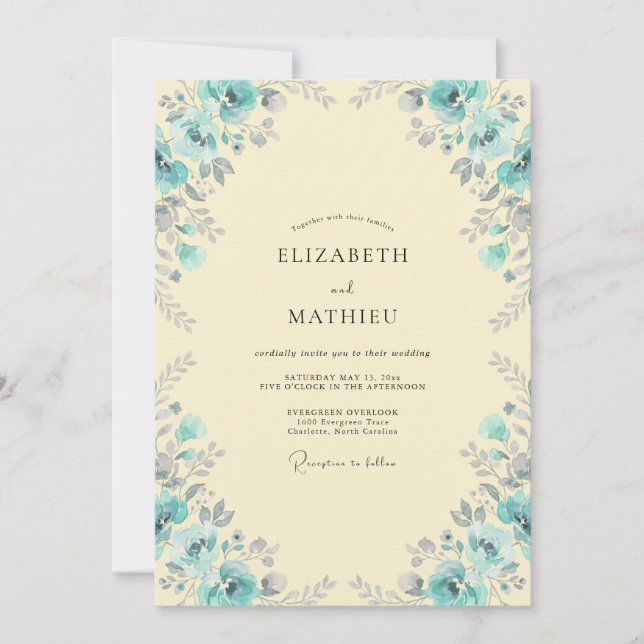Convites Casamento de Folhagem Eucalipto Aqua Creme (Frente)