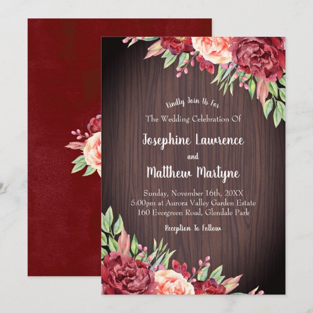 Convites Casamento de Folhagem Floral Rustic Burgundy Water (Frente/Verso)