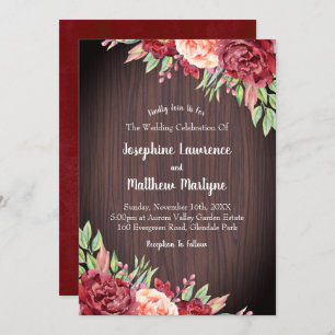 Convites Casamento de Folhagem Floral Rustic Burgundy Water