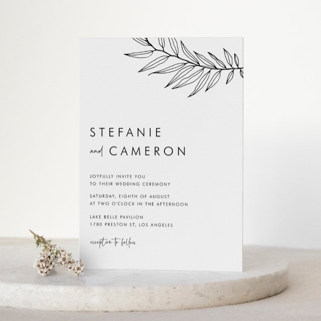 Convites Casamento de Folhagem Minimalista do Black Boho (Black Boho Minimalist Foliage Wedding Invitation)