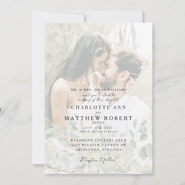 Convites Casamento de Folhagem Moderna com Foto de Casal Mu (Frente)