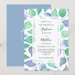 Convites Casamento de Folhagem Pintada com Cor Azul Dusty