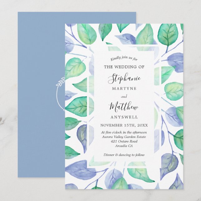 Convites Casamento de Folhagem Pintada por Cor Azul Dusty (Frente/Verso)