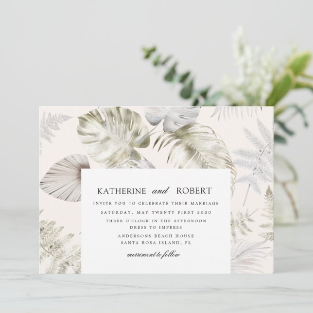 Convites Casamento de Folhagem Tropical de Silver Luxurioso (Em pé/Frente)