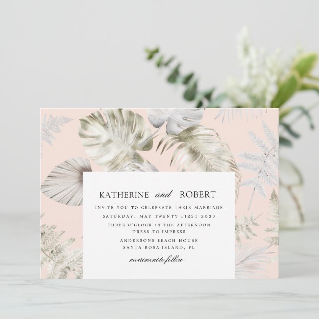 Convites Casamento de Folhagem Tropical de Silver Luxurioso (Em pé/Frente)