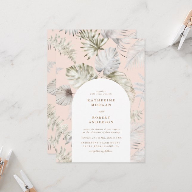 Convites Casamento de Folhagem Tropical de Silver Luxurioso (Frente/Verso In Situ)