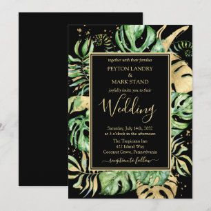 Convites Casamento de Folhagem Tropical Preta e Dourada