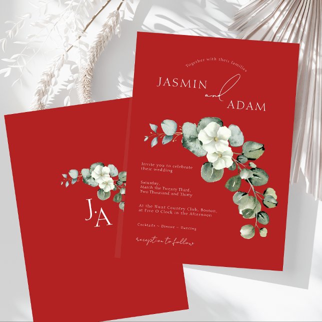 Convites Casamento de folhagem verde de eucalipto vermelho  (Crimson Red Eucalyptus Greenery Foliage Wedding Invitation)