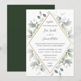 Convites Casamento de Folhagem Verde Dourada com Greenery R