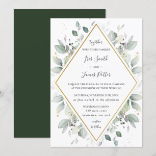 Convites Casamento de Folhagem Verde Dourada com Greenery R