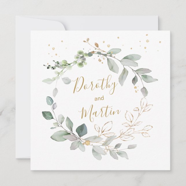 Convites Casamento de folhagem verde e dourada (Frente)