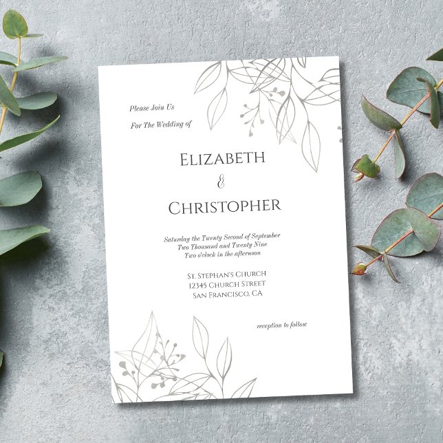 Convites Casamento de Folhas Botânicas em Cinza Prata Minim (Silver Gray leaves botanical floral elegant Wedding invitation. Printed or Digital instant download)