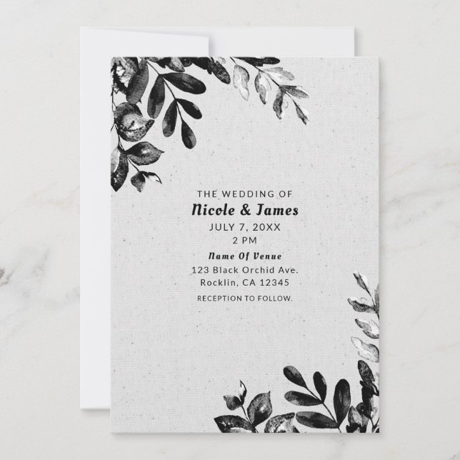Convites Casamento de Folhas Botânicas Preto + Branco Vinta (Frente)