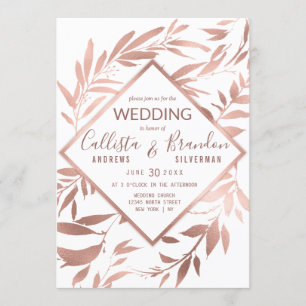 Convites Casamento de Folhas Brancas Rosas Elegante
